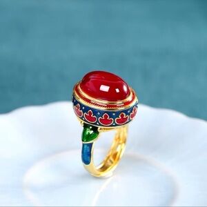 Anthropologie Ethnic Vintage Red Cabochon Enamel Ring